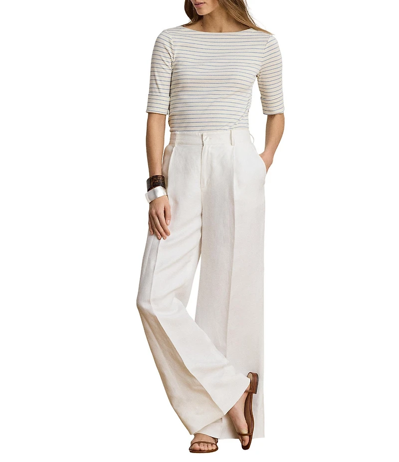 Lauren Ralph Lauren Petite Size Boat Neck Elbow Cuffed Sleeve Striped Tee