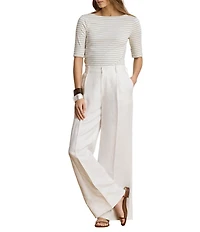 Lauren Ralph Lauren Petite Size Boat Neck Elbow Cuffed Sleeve Striped Tee