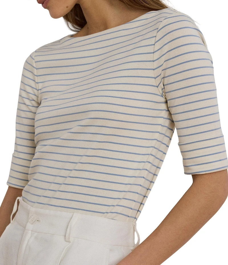Lauren Ralph Lauren Petite Size Boat Neck Elbow Cuffed Sleeve Striped Tee