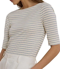 Lauren Ralph Lauren Petite Size Boat Neck Elbow Cuffed Sleeve Striped Tee