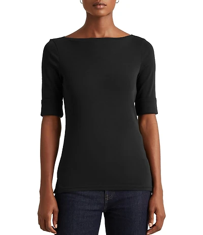 Lauren Ralph Lauren Petite Size Boat Neck Short Sleeve Cotton Blend Knit Top