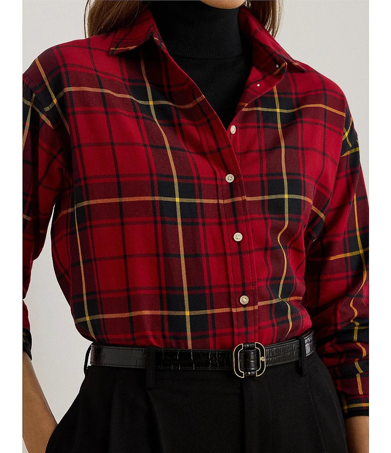 Lauren Ralph Lauren Petite Size Checked Plaid Point Collar Long Sleeve Button-Front Shirt