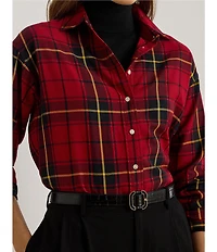 Lauren Ralph Lauren Petite Size Checked Plaid Point Collar Long Sleeve Button-Front Shirt