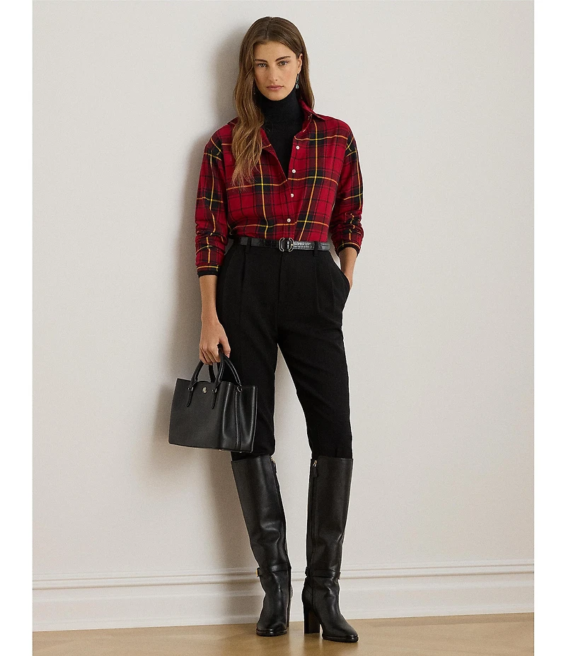 Lauren Ralph Lauren Petite Size Checked Plaid Point Collar Long Sleeve Button-Front Shirt