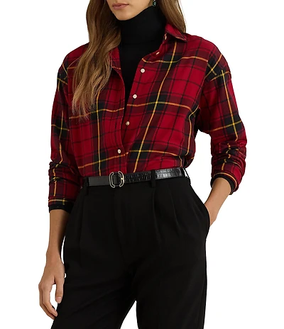 Lauren Ralph Lauren Petite Size Checked Plaid Point Collar Long Sleeve Button-Front Shirt