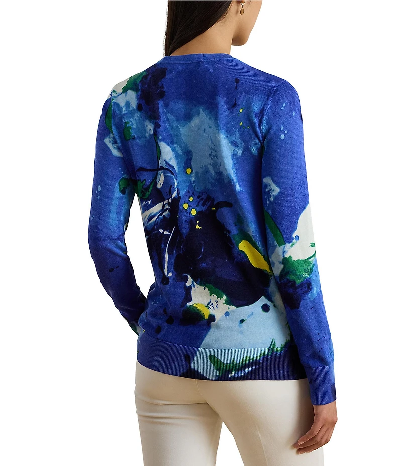 Lauren Ralph Lauren Petite Size Cotton Blend Abstract Motif Crew Neck Long Sleeve Sweater Top