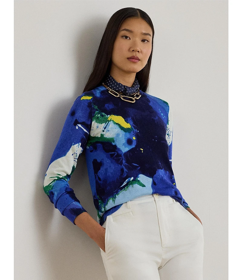 Lauren Ralph Lauren Petite Size Cotton Blend Abstract Motif Crew Neck Long Sleeve Sweater Top