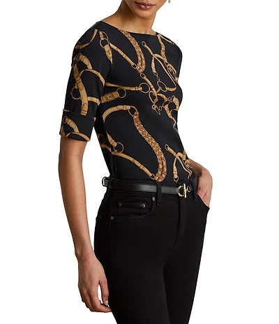 Lauren Ralph Lauren Petite Size Cotton Blend Equestrian-Inspired Spirit Boat Neck Elbow Length Sleeve Tee