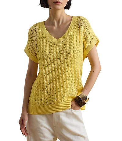 Lauren Ralph Lauren Petite Size Cotton-Blend Open-Knit Mesh Sweater