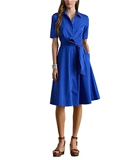 Lauren Ralph Lauren Petite Size Cotton Blend Point Collar Elbow Sleeve Belted Midi Shirtdress