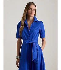 Lauren Ralph Lauren Petite Size Cotton Blend Point Collar Elbow Sleeve Belted Midi Shirtdress