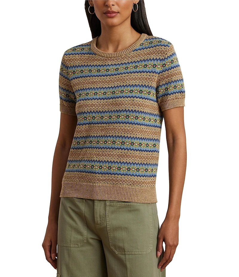 Lauren Ralph Lauren Petite Size Cotton-Blend Printed Ribbed Crew Neck Short Sleeve Sweater