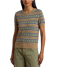 Lauren Ralph Lauren Petite Size Cotton-Blend Printed Ribbed Crew Neck Short Sleeve Sweater