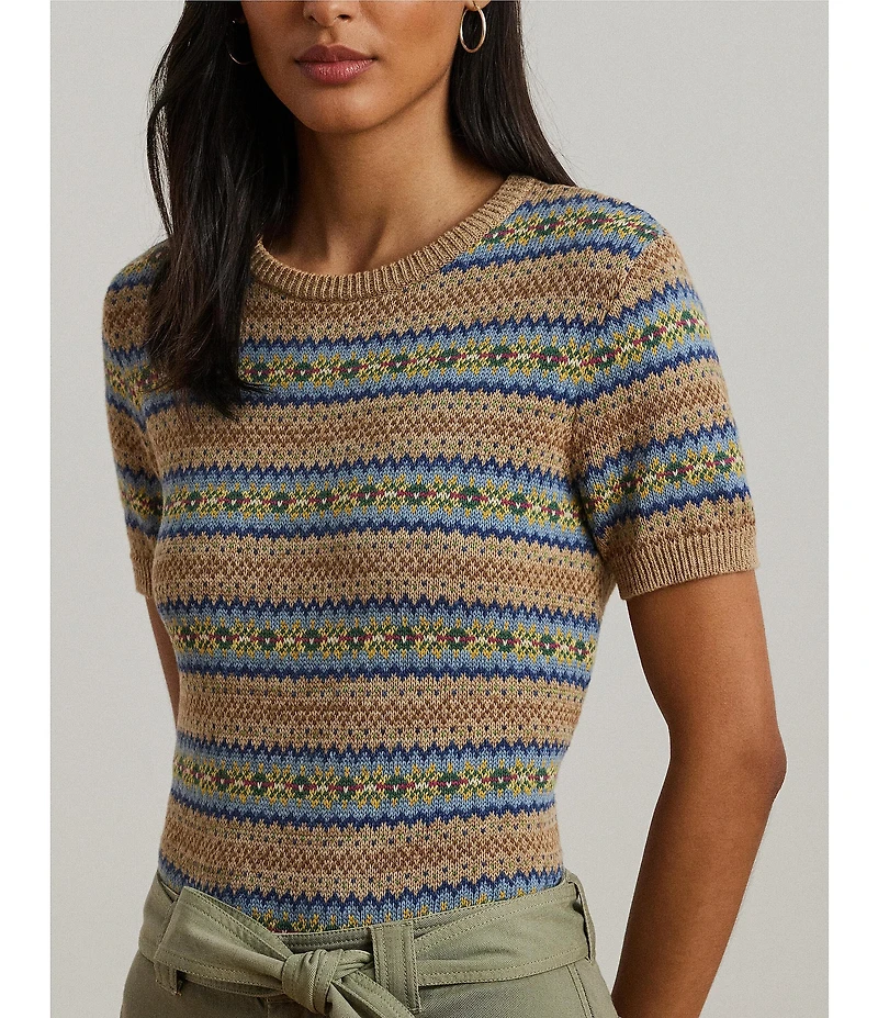 Lauren Ralph Lauren Petite Size Cotton-Blend Printed Ribbed Crew Neck Short Sleeve Sweater