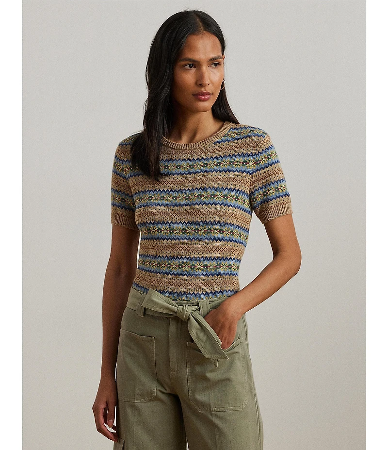 Lauren Ralph Lauren Petite Size Cotton-Blend Printed Ribbed Crew Neck Short Sleeve Sweater