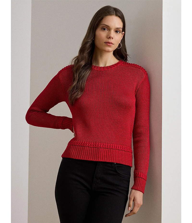 Lauren Ralph Lauren Petite Size Cotton-Blend Ribbed Crew Neck Long Sleeve Sweater