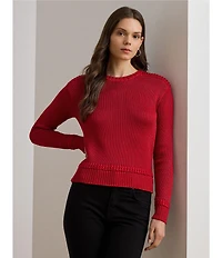 Lauren Ralph Lauren Petite Size Cotton-Blend Ribbed Crew Neck Long Sleeve Sweater