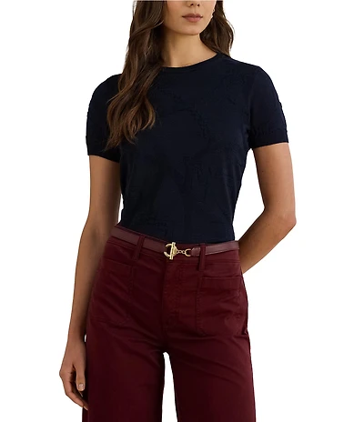 Lauren Ralph Lauren Petite Size Cotton-Blend Ribbed Crew Neck Short Sleeve Sweater