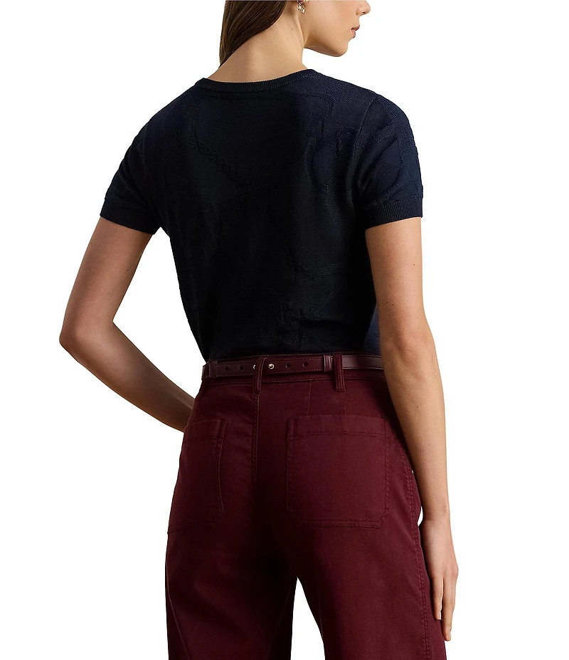 Lauren Ralph Lauren Petite Size Cotton-Blend Ribbed Crew Neck Short Sleeve Sweater