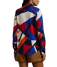 Lauren Ralph Lauren Petite Size Crepe de Chine Abstract Print Point Collar Long Sleeve Button-Front Shirt