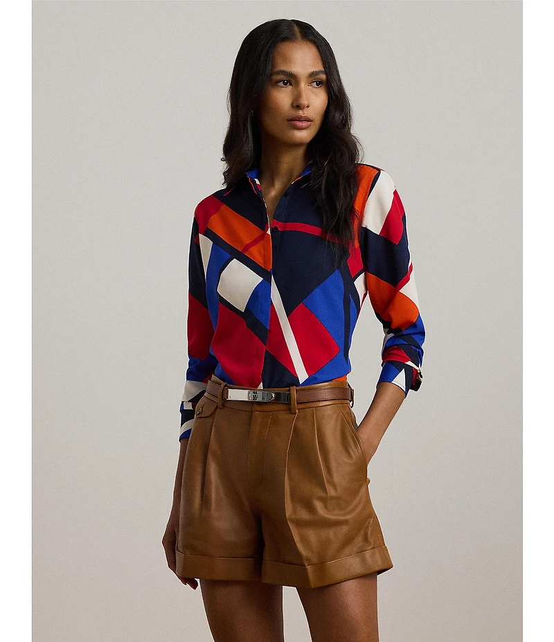 Lauren Ralph Lauren Petite Size Crepe de Chine Abstract Print Point Collar Long Sleeve Button-Front Shirt