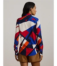 Lauren Ralph Lauren Petite Size Crepe de Chine Abstract Print Point Collar Long Sleeve Button-Front Shirt