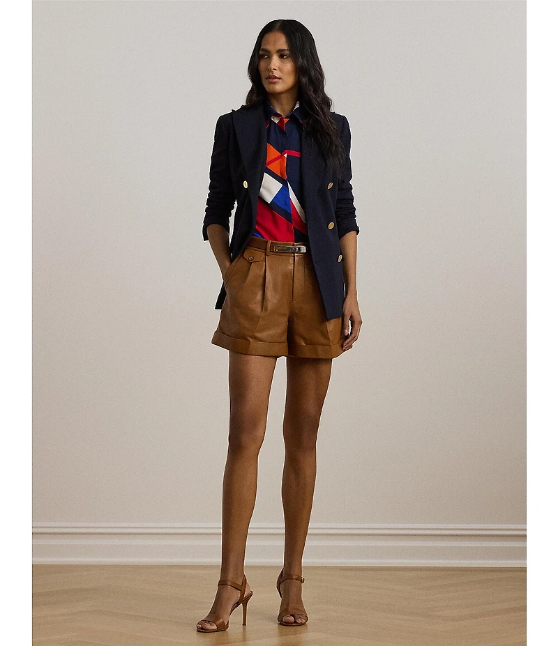 Lauren Ralph Lauren Petite Size Crepe de Chine Abstract Print Point Collar Long Sleeve Button-Front Shirt