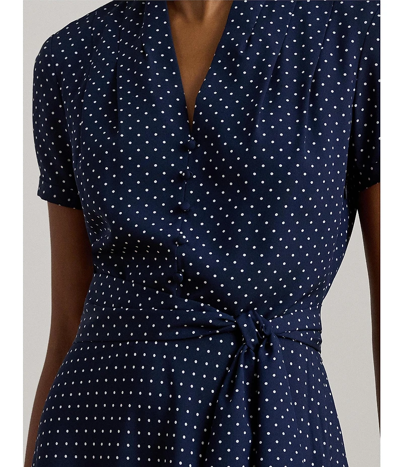 Lauren Ralph Lauren Petite Size Crepe de Chine Dotted V-Neck Short Sleeve Fit & Flare Belted Dress