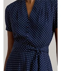 Lauren Ralph Lauren Petite Size Crepe de Chine Dotted V-Neck Short Sleeve Fit & Flare Belted Dress