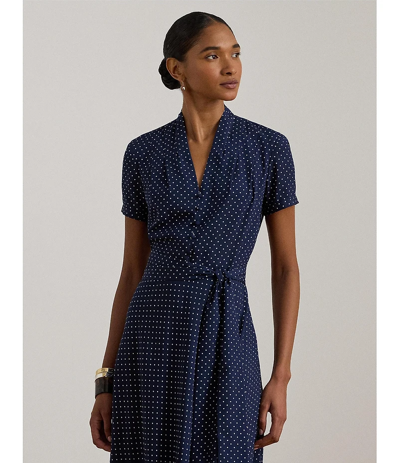 Lauren Ralph Lauren Petite Size Crepe de Chine Dotted V-Neck Short Sleeve Fit & Flare Belted Dress