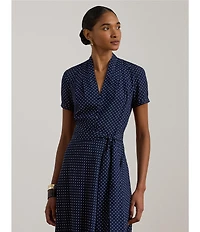 Lauren Ralph Lauren Petite Size Crepe de Chine Dotted V-Neck Short Sleeve Fit & Flare Belted Dress