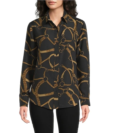 Lauren Ralph Lauren Petite Size Crepe De Chine Equestrian-Inspired Point Collar Long Sleeve Button Front Shirt