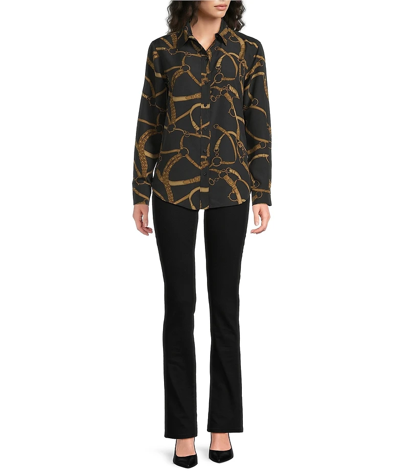 Lauren Ralph Lauren Petite Size Crepe De Chine Equestrian-Inspired Point Collar Long Sleeve Button Front Shirt