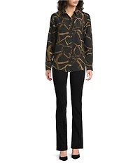 Lauren Ralph Lauren Petite Size Crepe De Chine Equestrian-Inspired Point Collar Long Sleeve Button Front Shirt