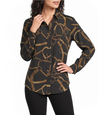 Lauren Ralph Lauren Petite Size Crepe De Chine Equestrian-Inspired Point Collar Long Sleeve Button Front Shirt