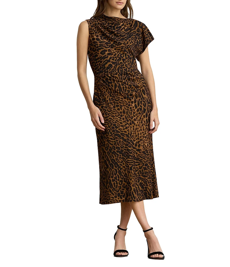 Lauren Ralph Lauren Petite Size Crepe De Chine Ocelot Pleated Asymmetrical Neck Sleeveless Sheath Midi