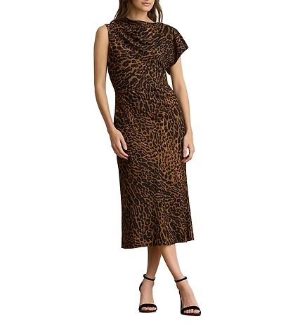 Lauren Ralph Lauren Petite Size Crepe De Chine Ocelot Pleated Asymmetrical Neck Sleeveless Sheath Midi