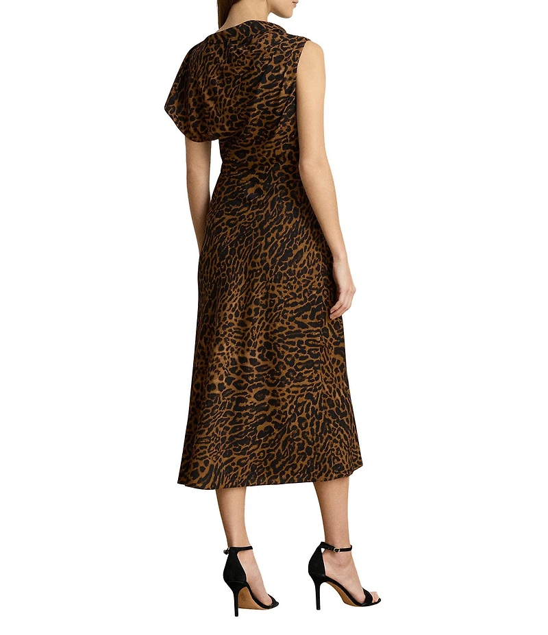 Lauren Ralph Lauren Petite Size Crepe De Chine Ocelot Pleated Asymmetrical Neck Sleeveless Sheath Midi