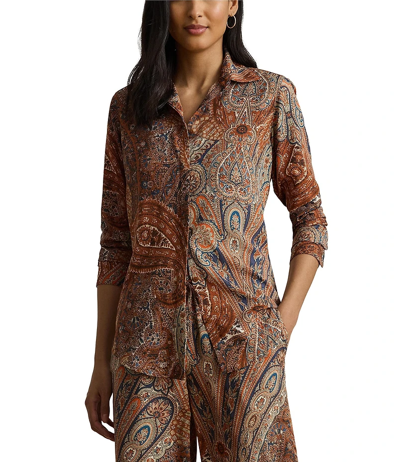 Lauren Ralph Lauren Petite Size Crepe de Chine Paisley Point Collar Long Sleeve Button-Front Shirt