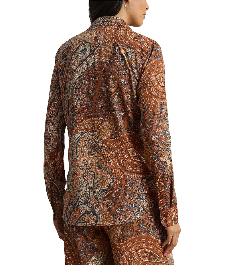 Lauren Ralph Lauren Petite Size Crepe de Chine Paisley Point Collar Long Sleeve Button-Front Shirt