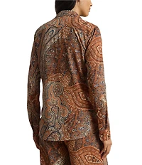 Lauren Ralph Lauren Petite Size Crepe de Chine Paisley Point Collar Long Sleeve Button-Front Shirt