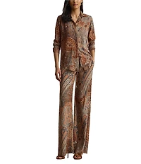 Lauren Ralph Lauren Petite Size Crepe de Chine Paisley Point Collar Long Sleeve Button-Front Shirt