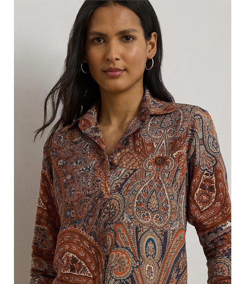 Lauren Ralph Lauren Petite Size Crepe de Chine Paisley Point Collar Long Sleeve Button-Front Shirt