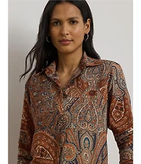 Lauren Ralph Lauren Petite Size Crepe de Chine Paisley Point Collar Long Sleeve Button-Front Shirt