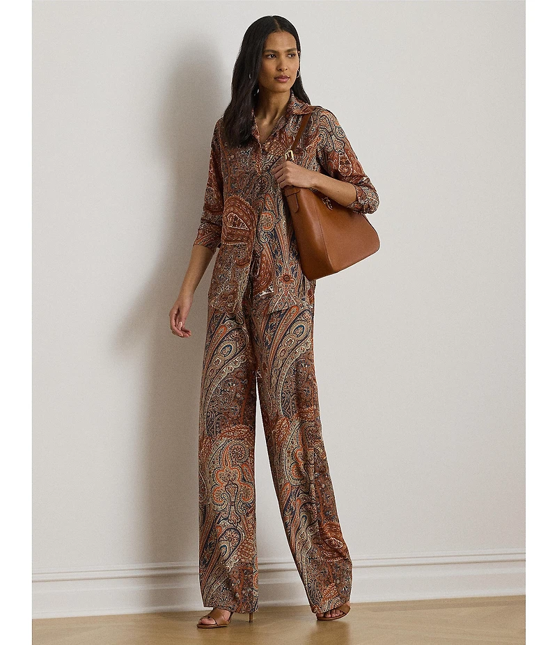 Lauren Ralph Lauren Petite Size Crepe de Chine Paisley Point Collar Long Sleeve Button-Front Shirt