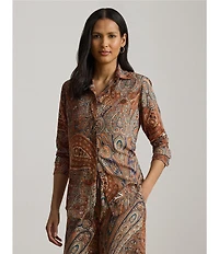 Lauren Ralph Lauren Petite Size Crepe de Chine Paisley Point Collar Long Sleeve Button-Front Shirt