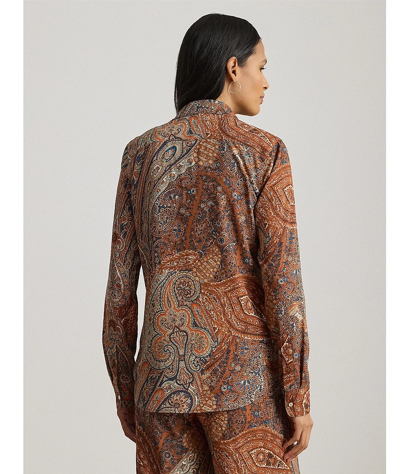 Lauren Ralph Lauren Petite Size Crepe de Chine Paisley Point Collar Long Sleeve Button-Front Shirt