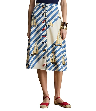 Lauren Ralph Lauren Petite Size Crepe de Chine Stripe Sailboat Sailing Flag Print A-Line Button Front Skirt