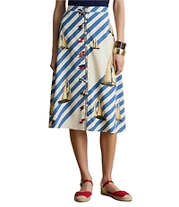 Lauren Ralph Lauren Petite Size Crepe de Chine Stripe Sailboat Sailing Flag Print A-Line Button Front Skirt