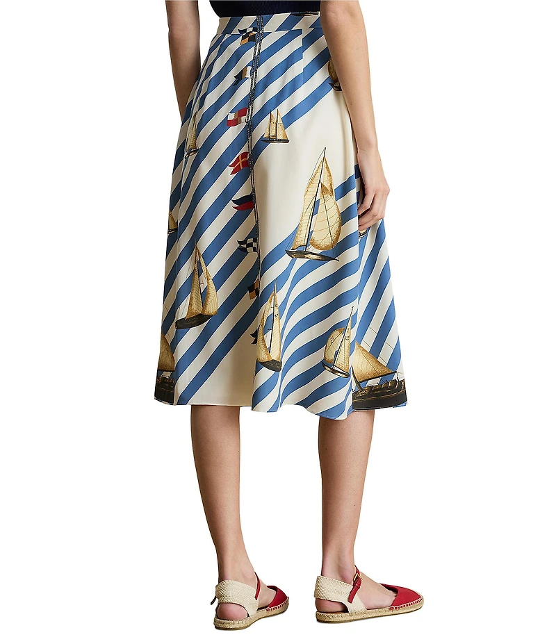 Lauren Ralph Lauren Petite Size Crepe de Chine Stripe Sailboat Sailing Flag Print A-Line Button Front Skirt